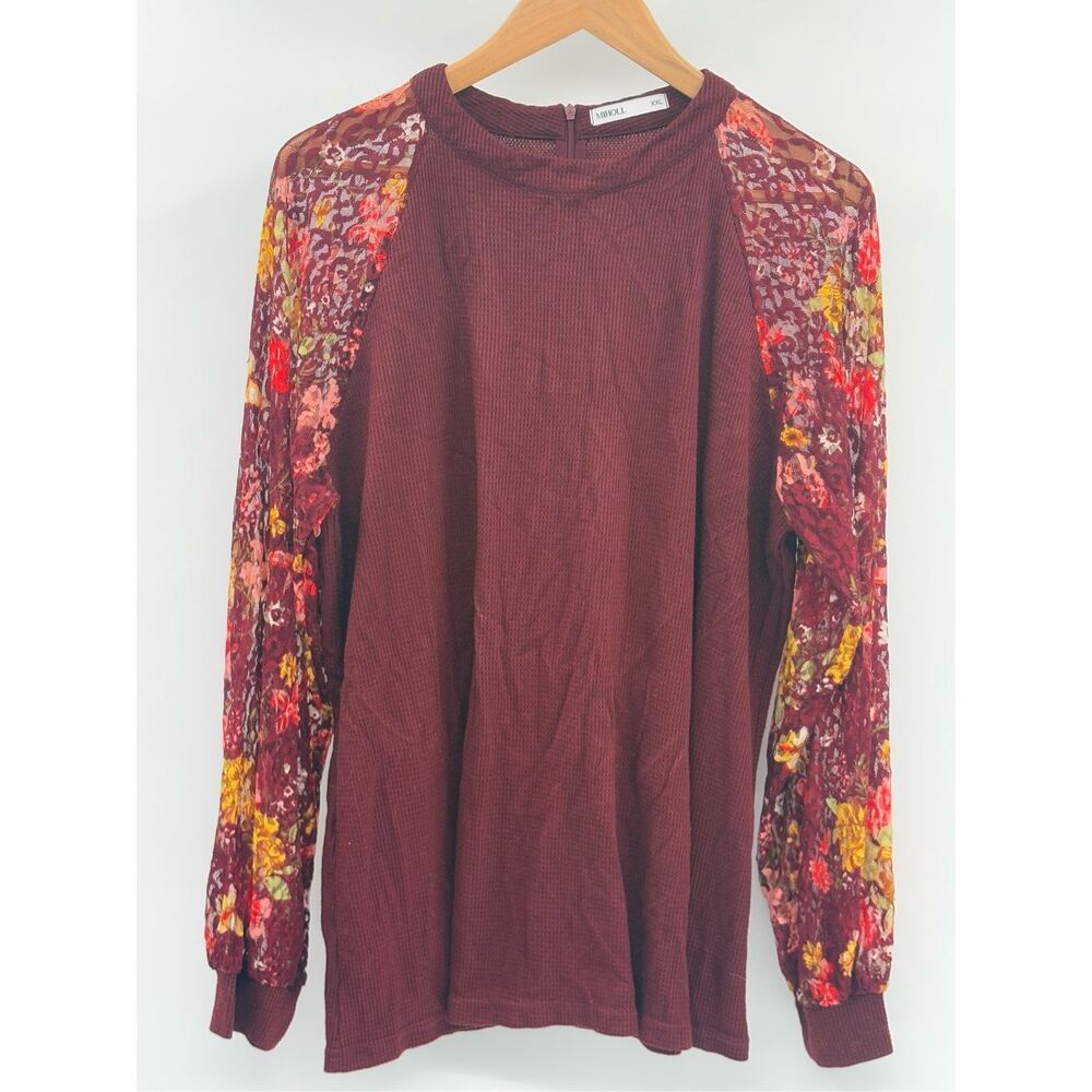 Miholl Top Sheer Sleeves Women Size XXL Maroon Floral Long Sleeve